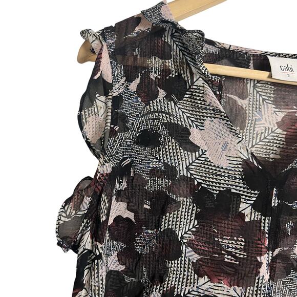 Cabi Black Floral Print Sleeveless Ruffled Sheer V-Neck Blouse Size Small - Picture 4 of 8